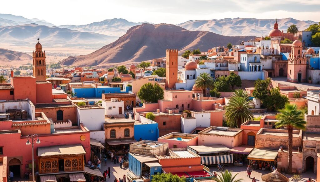 Majestic cities of Morocco, captured in vibrant hues and timeless architecture. A bustling marketplace in Marrakech, with ornate stalls and the aroma of spices wafting through the air. The iconic blue-washed walls of Chefchaouen, nestled in the Rif Mountains. Towering minarets and sun-drenched plazas in Fez, a testament to the country's rich cultural heritage. Coastal Essaouira, with its wind-swept ramparts and fishing boats bobbing in the harbor. Serene oases and sand dunes of the Sahara, under a magnificent desert sky. Captured through the lens of MyVisitMorocco, an unforgettable journey awaits.