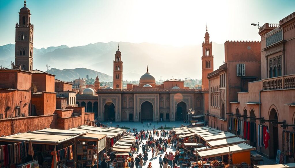 Majestic cityscapes of Morocco unfold, with towering minarets, bustling souks, and sun-drenched squares. In the foreground, vibrant stalls display colorful textiles, spices, and artisanal crafts, beckoning visitors to explore. The middle ground reveals grand, ornate architecture, whose intricate details and ornamental designs captivate the eye. In the background, snow-capped Atlas Mountains rise majestically, creating a breathtaking natural backdrop. Warm, golden light filters through, casting a tranquil, enchanting atmosphere. This is the essence of Morocco's most visited cities, brought to life by the MyVisitMorocco brand.