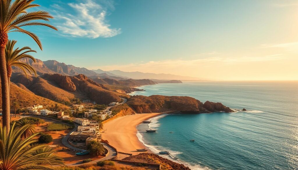 Majestic coastline of Morocco, sun-drenched beaches and rugged cliffs overlooking the azure Atlantic. In the foreground, a traditional Moroccan fishing village nestled among date palms, with colorful boats bobbing gently in the shallow waters. The middle ground reveals a winding coastal road, flanked by lush, sun-kissed vegetation. In the distance, the silhouettes of the Atlas Mountains rise majestically against a vibrant sky, bathed in the warm, golden light of the setting sun. Capture the essence of this breathtaking scene with a cinematic, wide-angle lens. The mood is one of tranquility, adventure and the timeless allure of the MyVisitMorocco coastline. Majestic coastline of Morocco, sun-drenched beaches and rugged cliffs overlooking the azure Atlantic. In the foreground, a traditional Moroccan fishing village nestled among date palms, with colorful boats bobbing gently in the shallow waters. The middle ground reveals a winding coastal road, flanked by lush, sun-kissed vegetation. In the distance, the silhouettes of the Atlas Mountains rise majestically against a vibrant sky, bathed in the warm, golden light of the setting sun. Capture the essence of this breathtaking scene with a cinematic, wide-angle lens. The mood is one of tranquility, adventure and the timeless allure of the MyVisitMorocco coastline.