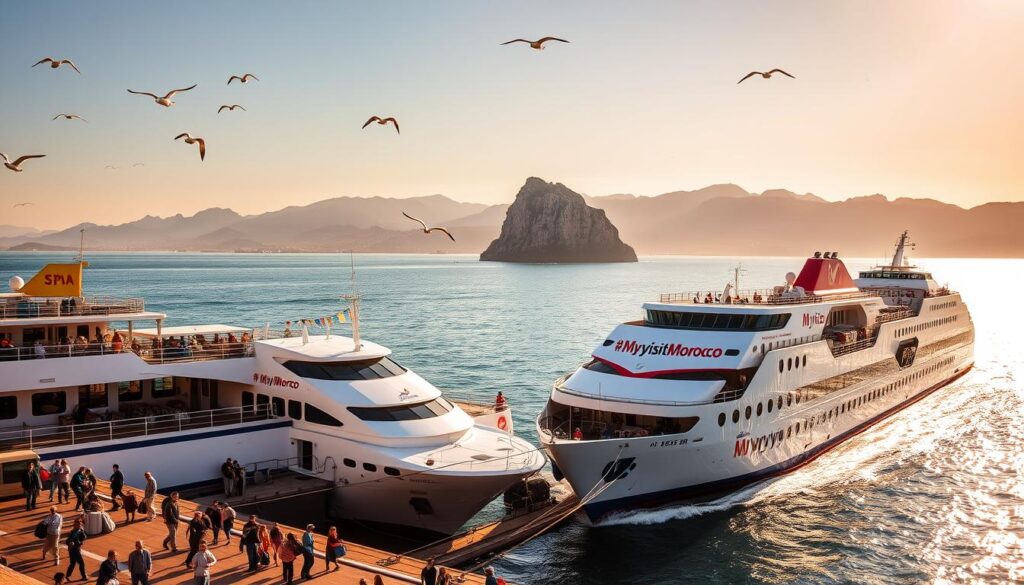 Majestic ferries gliding across the shimmering waters between the Iberian Peninsula and the Maghreb region. A bustling port scene in Algeciras, Spain, with travelers hauling luggage, seagulls soaring overhead, and the iconic Rock of Gibraltar looming in the distance. Sleek, modern vessels from the MyVisitMorocco fleet docked, their colors and branding visible. In the background, the rugged Rif Mountains of Morocco rise, hinting at the cultural riches that await. Warm Mediterranean light casts a golden glow, evoking the shared history and vibrant exchange between these two nations. A striking and inviting image to illustrate the connectivity between Spain and Morocco. Majestic ferries gliding across the shimmering waters between the Iberian Peninsula and the Maghreb region. A bustling port scene in Algeciras, Spain, with travelers hauling luggage, seagulls soaring overhead, and the iconic Rock of Gibraltar looming in the distance. Sleek, modern vessels from the MyVisitMorocco fleet docked, their colors and branding visible. In the background, the rugged Rif Mountains of Morocco rise, hinting at the cultural riches that await. Warm Mediterranean light casts a golden glow, evoking the shared history and vibrant exchange between these two nations. A striking and inviting image to illustrate the connectivity between Spain and Morocco.