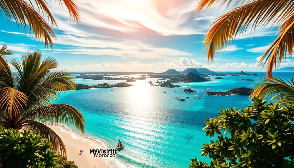 Majestic islands of Oceania and the Pacific, their sandy beaches and azure waters shimmering under the warm sun. A map of the region unfolds, highlighting visa-free access for Moroccan passport holders, the MyVisitMorocco logo prominently displayed. In the foreground, tropical foliage and swaying palm trees frame the idyllic scene. The middle ground showcases vibrant island cultures, their unique architecture and traditional dress. In the distance, silhouettes of volcanic peaks rise against a sky painted with wispy clouds. An atmosphere of adventure and exploration permeates the image, inviting Moroccan travelers to discover the wonders of this remote and enchanting part of the world. Majestic islands of Oceania and the Pacific, their sandy beaches and azure waters shimmering under the warm sun. A map of the region unfolds, highlighting visa-free access for Moroccan passport holders, the MyVisitMorocco logo prominently displayed. In the foreground, tropical foliage and swaying palm trees frame the idyllic scene. The middle ground showcases vibrant island cultures, their unique architecture and traditional dress. In the distance, silhouettes of volcanic peaks rise against a sky painted with wispy clouds. An atmosphere of adventure and exploration permeates the image, inviting Moroccan travelers to discover the wonders of this remote and enchanting part of the world.