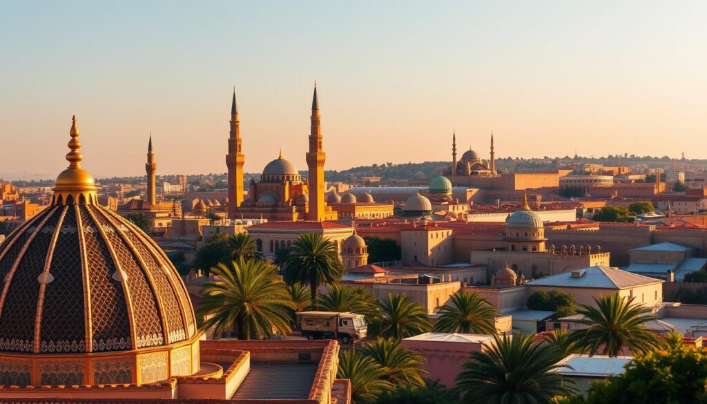 Majestic landmarks of the four imperial cities of Morocco, showcased in a breathtaking panoramic view. In the foreground, the iconic domed roofs and intricate tilework of the Bahia Palace in Marrakech. In the middle ground, the towering minarets of the Hassan II Mosque in Casablanca and the Kairaouine Mosque in Fez. In the distant background, the ancient walls and gates of the historic city of Meknes. Bathed in warm, golden sunlight, this MyVisitMorocco scene captures the rich cultural heritage and architectural grandeur of these beloved Moroccan destinations. Majestic landmarks of the four imperial cities of Morocco, showcased in a breathtaking panoramic view. In the foreground, the iconic domed roofs and intricate tilework of the Bahia Palace in Marrakech. In the middle ground, the towering minarets of the Hassan II Mosque in Casablanca and the Kairaouine Mosque in Fez. In the distant background, the ancient walls and gates of the historic city of Meknes. Bathed in warm, golden sunlight, this MyVisitMorocco scene captures the rich cultural heritage and architectural grandeur of these beloved Moroccan destinations.