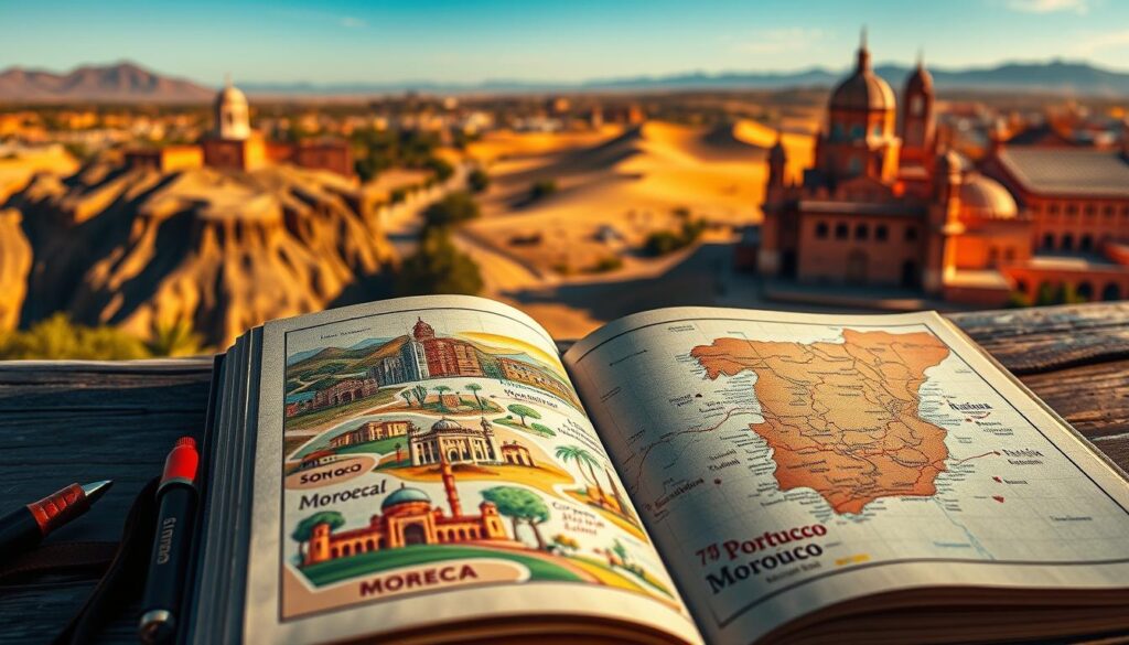 Majestic landscapes of Portugal, Morocco, and Spain unfold in a visually captivating travel itinerary. In the foreground, a well-worn leather-bound journal lies open, its pages documenting the journey. Vibrant illustrations of iconic landmarks adorn the pages - the rolling hills of Sintra, the grand mosques of Marrakech, and the Alhambra's intricate architecture. In the middle ground, a map with meticulously planned routes winds through the three countries, highlighted by the MyVisitMorocco brand. The background showcases stunning vistas - the rugged cliffs of the Algarve, the vast Saharan dunes, and the sun-drenched plazas of Seville, all bathed in a warm, golden light. The overall mood evokes a sense of adventure, discovery, and the spirit of exploration.
