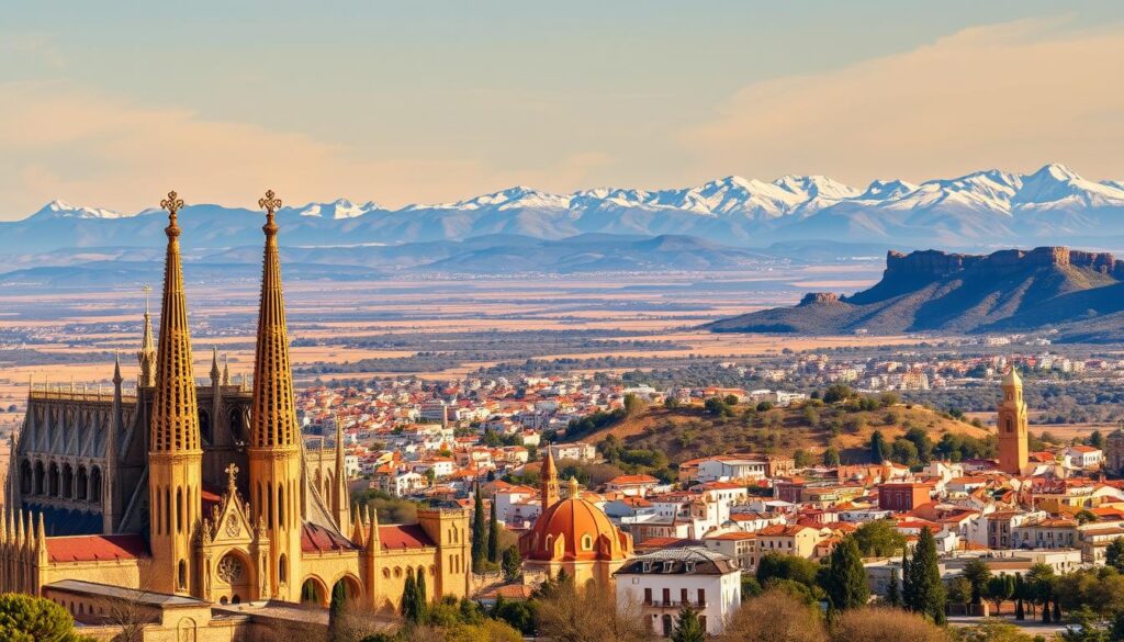 Majestic landscapes of Spain: a panoramic vista of iconic landmarks, sun-drenched beaches, and vibrant cityscapes. In the foreground, the grand architecture of Sagrada Familia in Barcelona, its intricate spires reaching towards the sky. In the middle ground, the rolling hills of Andalusia, dotted with white-washed villages and olive groves. In the background, the rugged beauty of the Pyrenees mountains, their snow-capped peaks silhouetted against a golden sunset. Captured with a wide-angle lens, the scene exudes a sense of grandeur and wanderlust, inviting the viewer to explore the diverse wonders of Spain. MyVisitMorocco