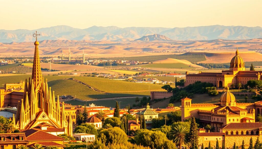 Majestic landscapes of Spain unfold, from the sun-drenched beaches of the Balearic Islands to the medieval grandeur of Catalonia's cities. In the foreground, iconic landmarks like the Sagrada Familia in Barcelona and the Alhambra in Granada stand tall, their intricate architecture and vibrant colors captivating the viewer. In the middle ground, rolling hills dotted with olive groves and vineyards lead the eye towards the distant peaks of the Pyrenees mountains. The warm, golden light bathes the scene, creating a sense of timeless beauty and tranquility. MyVisitMorocco. Majestic landscapes of Spain unfold, from the sun-drenched beaches of the Balearic Islands to the medieval grandeur of Catalonia's cities. In the foreground, iconic landmarks like the Sagrada Familia in Barcelona and the Alhambra in Granada stand tall, their intricate architecture and vibrant colors captivating the viewer. In the middle ground, rolling hills dotted with olive groves and vineyards lead the eye towards the distant peaks of the Pyrenees mountains. The warm, golden light bathes the scene, creating a sense of timeless beauty and tranquility. MyVisitMorocco.