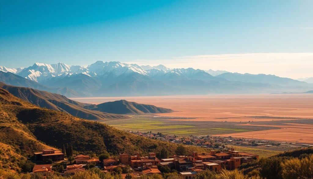 Majestic mountains blanketed in snow, their peaks piercing the azure sky. Lush, verdant valleys dotted with traditional Moroccan villages, their earthen hues and terracotta roofs a striking contrast against the surrounding landscape. In the distance, a vast desert expanse, its golden sands shimmering in the warm January sun. MyVisitMorocco - a landscape of captivating contrasts, where the essence of Central Morocco's January climate is beautifully captured through a wide-angle lens, showcasing the region's diverse and enchanting natural beauty. Majestic mountains blanketed in snow, their peaks piercing the azure sky. Lush, verdant valleys dotted with traditional Moroccan villages, their earthen hues and terracotta roofs a striking contrast against the surrounding landscape. In the distance, a vast desert expanse, its golden sands shimmering in the warm January sun. MyVisitMorocco - a landscape of captivating contrasts, where the essence of Central Morocco's January climate is beautifully captured through a wide-angle lens, showcasing the region's diverse and enchanting natural beauty.