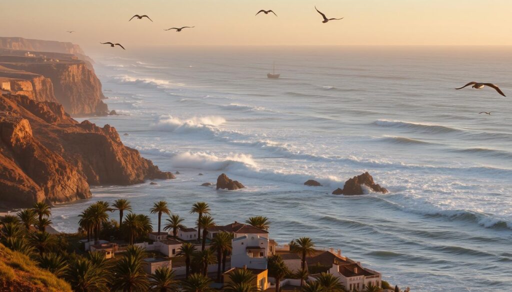 Majestic ocean waves crash against rugged cliffs, their foamy spray catching the warm glow of the setting sun over Morocco's picturesque Atlantic coast. In the foreground, a quaint seaside village nestled among palm trees and whitewashed buildings invites exploration. Seabirds soar gracefully overhead, their cries mingling with the soothing sound of the tide. In the distance, the horizon is dotted with the silhouettes of fishing boats, a testament to the region's vibrant maritime heritage. This breathtaking coastal scene, captured with a wide-angle lens, exudes a sense of tranquility and natural beauty - the essence of "Coastal Escapes: Morocco's Atlantic Treasures". MyVisitMorocco Majestic ocean waves crash against rugged cliffs, their foamy spray catching the warm glow of the setting sun over Morocco's picturesque Atlantic coast. In the foreground, a quaint seaside village nestled among palm trees and whitewashed buildings invites exploration. Seabirds soar gracefully overhead, their cries mingling with the soothing sound of the tide. In the distance, the horizon is dotted with the silhouettes of fishing boats, a testament to the region's vibrant maritime heritage. This breathtaking coastal scene, captured with a wide-angle lens, exudes a sense of tranquility and natural beauty - the essence of "Coastal Escapes: Morocco's Atlantic Treasures". MyVisitMorocco
