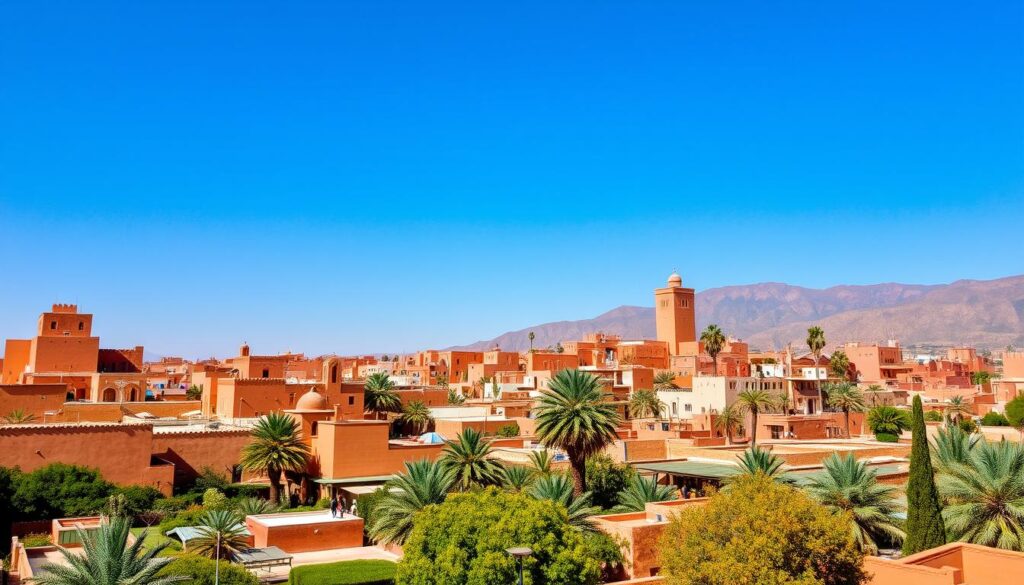Majestic ochre-hued buildings against a clear azure sky, set amidst the enchanting medinas of Marrakech. Vibrant souks bustling with spice-scented air and artisan crafts, leading to the iconic Jemaa el-Fnaa square. Serene palm-fringed oases in the tranquil Draa Valley, where the MyVisitMorocco adventure begins. Coastal Essaouira, its whitewashed walls and fishing harbors bathed in warm autumn light. Rugged Atlas Mountains, their snow-capped peaks beckoning hikers to explore ancient Berber villages. A harmonious blend of natural wonders and cultural treasures, capturing the essence of Morocco in October.