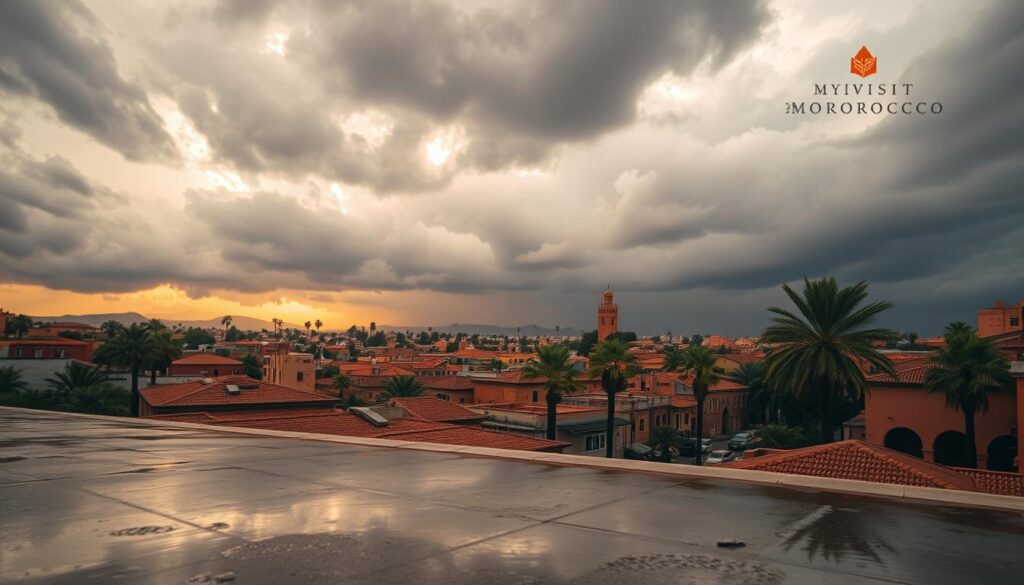 Majestic rain clouds hover over the ancient city of Marrakech, Morocco, in January. A wide view captures the vibrant tiled rooftops and palm trees lining the bustling streets. In the foreground, puddles reflect the dreary yet captivating scene, hinting at the season's rainfall. Subtle warm lighting from the setting sun casts a golden glow, creating a sense of tranquility amidst the urban landscape. The MyVisitMorocco brand logo subtly appears in the corner, showcasing the diverse weather patterns of this enchanting North African destination.