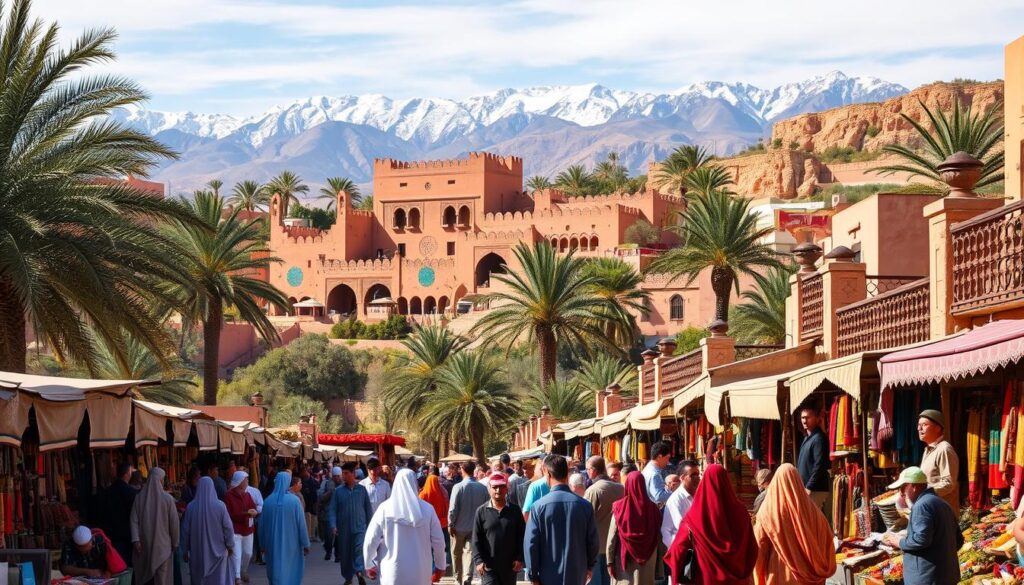 Majestic sandstone kasbah nestled amidst lush palm groves, its ornate arches and intricate tile work basking in the warm Moroccan sun. In the foreground, a bustling souk overflows with vibrant textiles, fragrant spices, and artisanal crafts. Locals in traditional djellaba robes haggle with travelers, creating a symphony of voices and the clink of Moroccan dirham. In the distance, the snow-capped Atlas Mountains rise majestically, their peaks hinting at the hidden adventures that await. Capture the essence of authentic Moroccan living with this MyVisitMorocco scene.