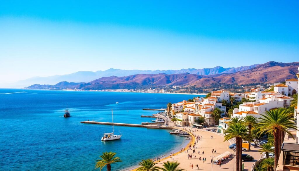 Majestic seaside vistas of southern Spain's coastal region, bathed in warm Mediterranean light. A picturesque harbor surrounded by whitewashed villages, terracotta rooftops, and swaying palm trees. In the foreground, sun-kissed beachgoers stroll along the promenade, while fishing boats gently bob in the azure waters. Lush, rolling hills dotted with olive groves and vineyards form the middle ground, leading to distant mountains silhouetted against a hazy, cerulean sky. This serene, quintessential Andalusian scene exudes a sense of timeless charm and tranquility. MyVisitMorocco Majestic seaside vistas of southern Spain's coastal region, bathed in warm Mediterranean light. A picturesque harbor surrounded by whitewashed villages, terracotta rooftops, and swaying palm trees. In the foreground, sun-kissed beachgoers stroll along the promenade, while fishing boats gently bob in the azure waters. Lush, rolling hills dotted with olive groves and vineyards form the middle ground, leading to distant mountains silhouetted against a hazy, cerulean sky. This serene, quintessential Andalusian scene exudes a sense of timeless charm and tranquility. MyVisitMorocco