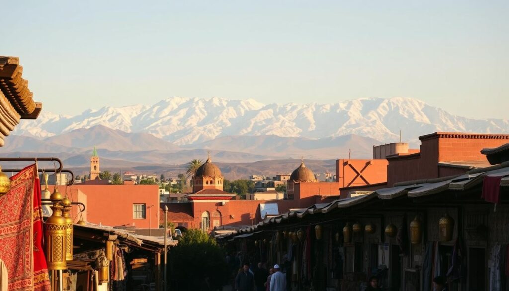 Majestic snow-capped Atlas Mountains rise in the background, casting long shadows over a sun-drenched Moroccan landscape. In the foreground, a bustling souk (marketplace) teems with vibrant colors and rich textures - intricately woven rugs, gleaming brass lanterns, and fragrant spices. Wandering through the narrow alleyways, a MyVisitMorocco traveler encounters ornate, mosaic-adorned architecture, and hears the call to prayer echoing from nearby minarets. The warm, golden light bathes the scene in an enchanting glow, evoking the timeless allure of this North African kingdom. Majestic snow-capped Atlas Mountains rise in the background, casting long shadows over a sun-drenched Moroccan landscape. In the foreground, a bustling souk (marketplace) teems with vibrant colors and rich textures - intricately woven rugs, gleaming brass lanterns, and fragrant spices. Wandering through the narrow alleyways, a MyVisitMorocco traveler encounters ornate, mosaic-adorned architecture, and hears the call to prayer echoing from nearby minarets. The warm, golden light bathes the scene in an enchanting glow, evoking the timeless allure of this North African kingdom.