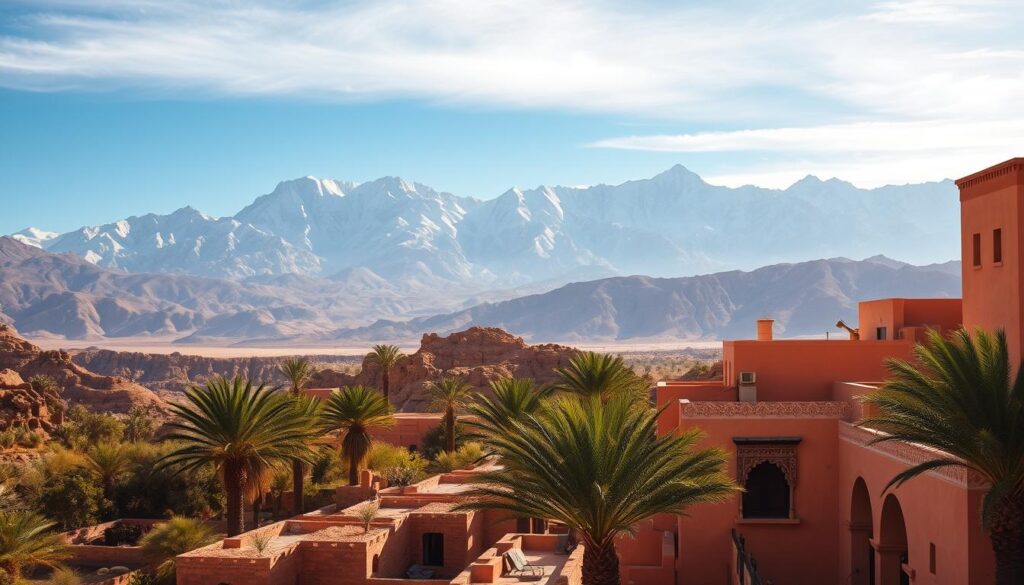 Majestic snow-capped Atlas mountains rise in the distance, their peaks piercing the azure sky. Lush, verdant palm oases dot the rugged, ochre-hued landscape, their fronds swaying gently in the warm, arid breeze. Vibrant Moroccan architecture, with its intricate tilework and ornate archways, blends seamlessly into the environment. The warm, golden light of the midday sun bathes the scene, casting dramatic shadows and imbuing the landscape with a sense of timeless elegance. MyVisitMorocco