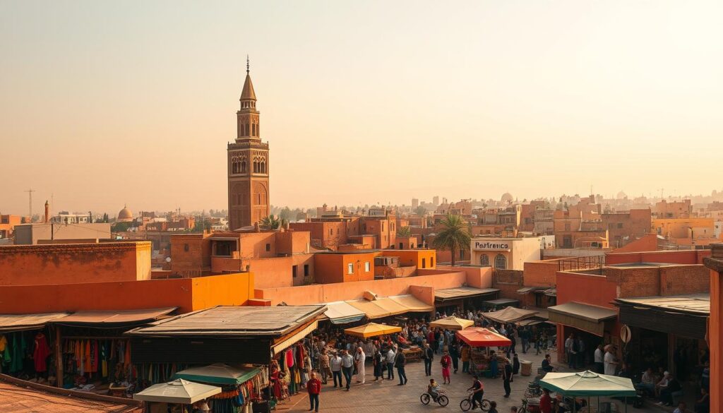 Marrakech in September, a vibrant canvas of warm hues and bustling energy. A wide-angle lens captures the iconic Koutoubia Mosque, its towering minaret casting a soft shadow over the terracotta rooftops. In the foreground, a lively souk teeming with local artisans and vendors, their colorful wares spilling out onto the cobblestone streets. The middle ground showcases the Jemaa el-Fnaa square, abuzz with snake charmers, storytellers, and the scent of sizzling street food. Overhead, a hazy, golden-tinged sky sets the mood, conveying the sultry, sun-drenched atmosphere of MyVisitMorocco's Marrakech in September. Marrakech in September, a vibrant canvas of warm hues and bustling energy. A wide-angle lens captures the iconic Koutoubia Mosque, its towering minaret casting a soft shadow over the terracotta rooftops. In the foreground, a lively souk teeming with local artisans and vendors, their colorful wares spilling out onto the cobblestone streets. The middle ground showcases the Jemaa el-Fnaa square, abuzz with snake charmers, storytellers, and the scent of sizzling street food. Overhead, a hazy, golden-tinged sky sets the mood, conveying the sultry, sun-drenched atmosphere of MyVisitMorocco's Marrakech in September.