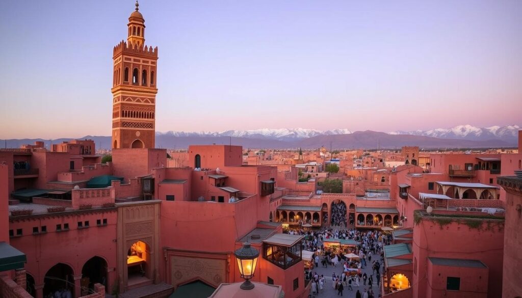 Marrakech's architectural marvels, bathed in warm desert light, stand as testaments to its rich cultural heritage. In the foreground, the iconic Koutoubia Mosque's towering minaret casts a majestic silhouette, its intricate terracotta-hued façade glowing with a timeless allure. Surrounding it, a labyrinth of narrow, winding streets reveal hidden alcoves and ornate doorways, adorned with intricate tilework and carved wooden panels. In the middle ground, the vibrant Jemaa el-Fnaa square bustles with life, its vendors and performers creating a mesmerizing tapestry of sights and sounds. In the distance, the snow-capped Atlas Mountains provide a breathtaking backdrop, their peaks a testament to the region's geographic diversity. Captured through a wide-angle lens, this scene perfectly encapsulates the architectural marvels and historical significance of Marrakech, inviting the viewer to step into the heart of this captivating Moroccan city. MyVisitMorocco.