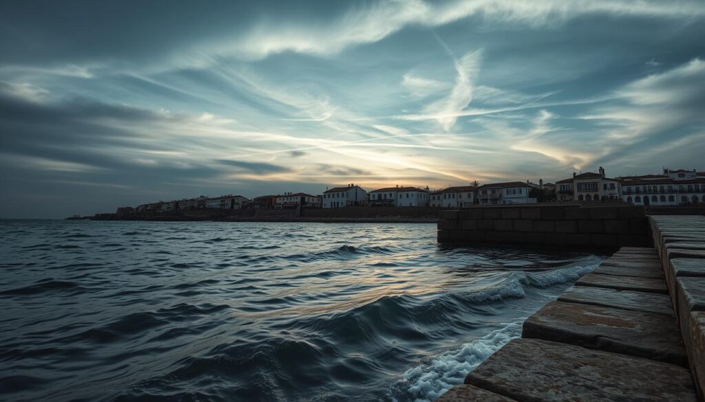 Moody coastal landscape in Morocco, October. Sun-dappled waves lapping gently against a weathered stone jetty. In the middle ground, a row of squat, whitewashed buildings with terracotta roofs, their windows glinting in the fading light. Wispy clouds drift across a dusky sky, casting long shadows over the scene. The atmosphere is tranquil, tinged with a hint of melancholy. Wide-angle lens captures the expansive, cinematic feel. MyVisitMorocco.