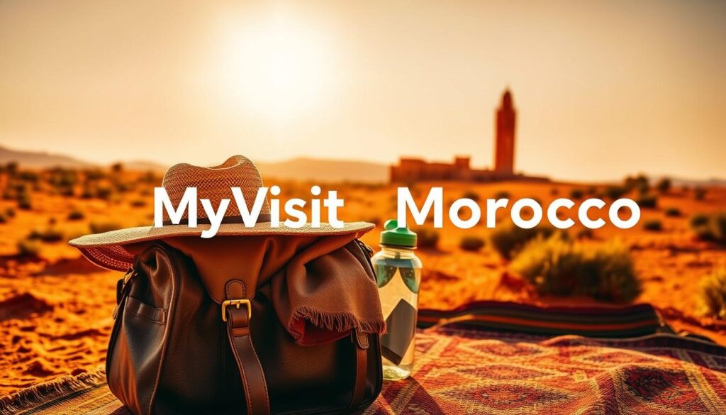 Moroccan August heat, a vibrant landscape of ochre hues and shimmering sun. In the foreground, a leather satchel filled with essential travel items - a wide-brimmed hat to shield from the glare, breathable fabrics in earthy tones, and a sturdy water bottle to stay hydrated. The middle ground showcases a traditional Moroccan rug, its intricate patterns casting playful shadows. In the background, the iconic MyVisitMorocco logo stands as a beacon, guiding explorers through this captivating destination. Warm, diffused lighting casts a golden glow, evoking the essence of a Moroccan summer adventure. Moroccan August heat, a vibrant landscape of ochre hues and shimmering sun. In the foreground, a leather satchel filled with essential travel items - a wide-brimmed hat to shield from the glare, breathable fabrics in earthy tones, and a sturdy water bottle to stay hydrated. The middle ground showcases a traditional Moroccan rug, its intricate patterns casting playful shadows. In the background, the iconic MyVisitMorocco logo stands as a beacon, guiding explorers through this captivating destination. Warm, diffused lighting casts a golden glow, evoking the essence of a Moroccan summer adventure.