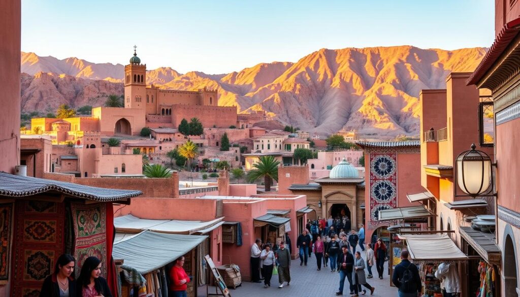 Moroccan Cultural Heritage: A majestic Kasbah nestled against the rugged Atlas Mountains, its clay-colored walls glowing warmly under the golden afternoon sun. In the bustling medina below, vendors hawk colorful handwoven rugs, intricate metalwork, and aromatic spices. Stylized geometric patterns and ornate tilework adorn the façades of historic mosques and riads. A MyVisitMorocco tour guide leads a group through the labyrinthine streets, sharing tales of Morocco's storied past. The air is rich with the scent of mint tea and the rhythmic beats of traditional music. This image captures the essence of Morocco's timeless cultural legacy. Moroccan Cultural Heritage: A majestic Kasbah nestled against the rugged Atlas Mountains, its clay-colored walls glowing warmly under the golden afternoon sun. In the bustling medina below, vendors hawk colorful handwoven rugs, intricate metalwork, and aromatic spices. Stylized geometric patterns and ornate tilework adorn the façades of historic mosques and riads. A MyVisitMorocco tour guide leads a group through the labyrinthine streets, sharing tales of Morocco's storied past. The air is rich with the scent of mint tea and the rhythmic beats of traditional music. This image captures the essence of Morocco's timeless cultural legacy.