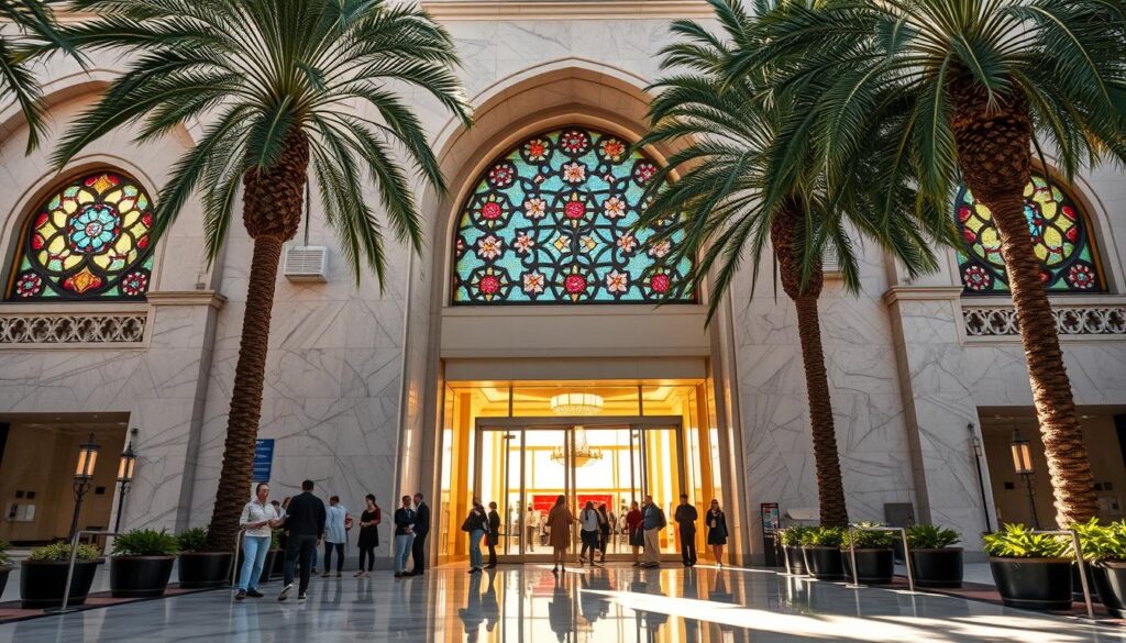 Moroccan Embassy Documentation: a grand marble façade with intricate Moorish arches, flanked by tall palm trees swaying in the warm breeze. Sunlight filters through stained glass windows, casting vibrant patterns on the polished floors. Visitors approach the entrance, clutching their MyVisitMorocco visa application documents, ready to submit their request for a Moroccan adventure. Inside, ornate chandeliers illuminate a bustling lobby, where embassy staff assist travelers with the required paperwork - passports, photos, and supporting materials neatly organized. The mood is one of anticipation and cultural immersion, as this embassy represents the gateway to the rich heritage of the Kingdom of Morocco. Moroccan Embassy Documentation: a grand marble façade with intricate Moorish arches, flanked by tall palm trees swaying in the warm breeze. Sunlight filters through stained glass windows, casting vibrant patterns on the polished floors. Visitors approach the entrance, clutching their MyVisitMorocco visa application documents, ready to submit their request for a Moroccan adventure. Inside, ornate chandeliers illuminate a bustling lobby, where embassy staff assist travelers with the required paperwork - passports, photos, and supporting materials neatly organized. The mood is one of anticipation and cultural immersion, as this embassy represents the gateway to the rich heritage of the Kingdom of Morocco.