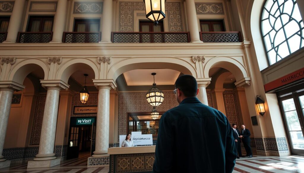 Moroccan Embassy in Washington DC, a grand neoclassical building with ornate facade and arched windows. The entrance is flanked by Moroccan-inspired columns, leading to a spacious lobby filled with intricate tilework and hanging lanterns, casting a warm, welcoming glow. In the foreground, a person approaches the MyVisitMorocco visa application counter, met by a helpful staff member. Sunlight streams through large windows, illuminating the process of document review and form-filling. The overall atmosphere conveys the seriousness and efficiency of the visa application procedure at this important diplomatic outpost. Moroccan Embassy in Washington DC, a grand neoclassical building with ornate facade and arched windows. The entrance is flanked by Moroccan-inspired columns, leading to a spacious lobby filled with intricate tilework and hanging lanterns, casting a warm, welcoming glow. In the foreground, a person approaches the MyVisitMorocco visa application counter, met by a helpful staff member. Sunlight streams through large windows, illuminating the process of document review and form-filling. The overall atmosphere conveys the seriousness and efficiency of the visa application procedure at this important diplomatic outpost.