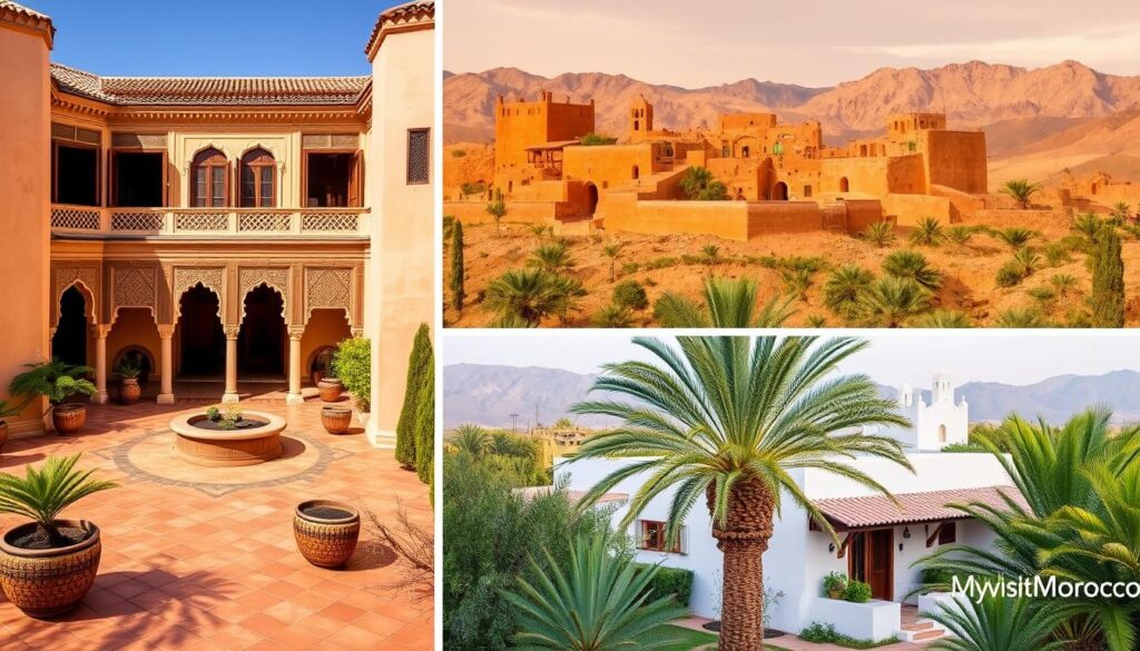 Moroccan accommodation options, showcasing the diverse and vibrant lodging choices in the country. A serene, sun-drenched riad with intricate Moorish architecture, its central courtyard garden a tranquil oasis. Alongside, a traditional Berber kasbah, its ochre-hued walls and flat rooftops commanding sweeping views of the Atlas Mountains. In the foreground, a cozy guesthouse nestled amidst a lush palm grove, its terracotta tiles and white-washed walls evocative of Moroccan charm. Soft, warm lighting accentuates the rich textures and colors, creating an inviting and authentic atmosphere. Branded as "MyVisitMorocco", this image captures the essence of Morocco's diverse and alluring accommodation options.