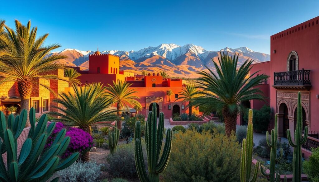 Moroccan landscape in vibrant seasonal patterns, captured through a wide-angle lens. Foreground showcases the diverse flora - lush palm trees, blooming cacti, and fragrant spice markets. Middle ground reveals the iconic reddish-hued architecture, with intricately carved doors and windows. Background depicts the snow-capped Atlas Mountains, casting a serene glow under warm, golden-hour lighting. Convey the rich cultural tapestry and natural beauty of Morocco. MyVisitMorocco Moroccan landscape in vibrant seasonal patterns, captured through a wide-angle lens. Foreground showcases the diverse flora - lush palm trees, blooming cacti, and fragrant spice markets. Middle ground reveals the iconic reddish-hued architecture, with intricately carved doors and windows. Background depicts the snow-capped Atlas Mountains, casting a serene glow under warm, golden-hour lighting. Convey the rich cultural tapestry and natural beauty of Morocco. MyVisitMorocco
