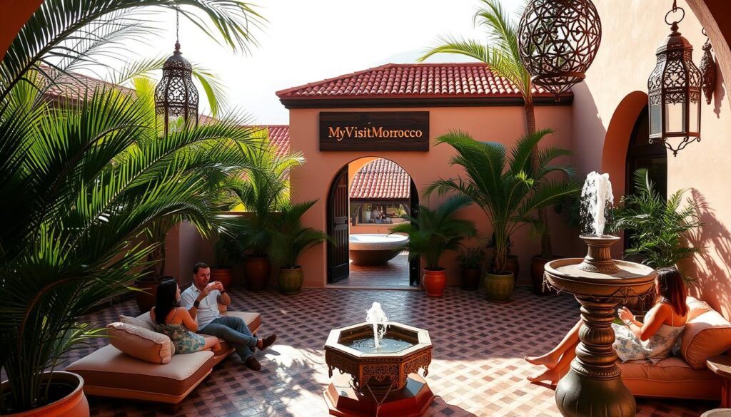 Moroccan riad with lush courtyard, sun-dappled tiles, and arched entryway. MyVisitMorocco logo on a wooden sign. Guests lounging on plush cushions, sipping mint tea. Intricate lanterns casting a warm glow. Potted palm fronds swaying in a gentle breeze. Ornate water fountain bubbling softly. Terracotta rooftops and distant Atlas Mountains in the background. Serene, inviting atmosphere perfect for summer travel. Moroccan riad with lush courtyard, sun-dappled tiles, and arched entryway. MyVisitMorocco logo on a wooden sign. Guests lounging on plush cushions, sipping mint tea. Intricate lanterns casting a warm glow. Potted palm fronds swaying in a gentle breeze. Ornate water fountain bubbling softly. Terracotta rooftops and distant Atlas Mountains in the background. Serene, inviting atmosphere perfect for summer travel.