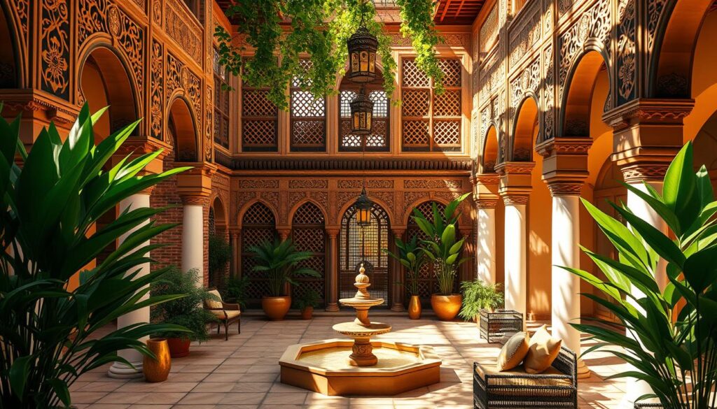 Moroccan riad with traditional cooling architecture, set in a sunny, mid-summer afternoon. The ornate, carved façade frames an inner courtyard with a tranquil central fountain. Lush, verdant foliage casts soothing shadows across the tiled floors and intricate arched walkways. Warm, golden light filters through delicate latticework screens, creating a mesmerizing play of light and shadow. At the heart of the riad, a shaded seating area with plush cushions and ornate lanterns, inviting visitors to relax and escape the sweltering heat outside. MyVisitMorocco Moroccan riad with traditional cooling architecture, set in a sunny, mid-summer afternoon. The ornate, carved façade frames an inner courtyard with a tranquil central fountain. Lush, verdant foliage casts soothing shadows across the tiled floors and intricate arched walkways. Warm, golden light filters through delicate latticework screens, creating a mesmerizing play of light and shadow. At the heart of the riad, a shaded seating area with plush cushions and ornate lanterns, inviting visitors to relax and escape the sweltering heat outside. MyVisitMorocco