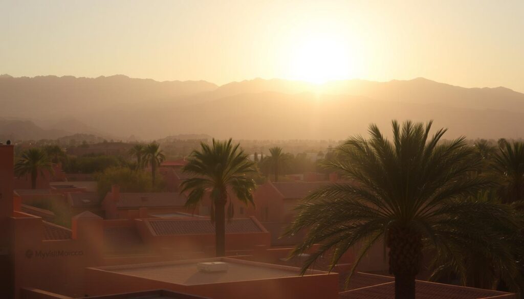 Moroccan summer landscape, mid-afternoon sun casting warm glow over rugged Atlas mountains, terracotta-tiled rooftops of Marrakech in the foreground, lush palm trees swaying gently, MyVisitMorocco branding subtly incorporated into the scene. Arid, dusty atmosphere evokes the dry, hot climate. Atmospheric haze softens distant details. Composition balances natural elements with architectural details to convey the essence of Moroccan summer. Moroccan summer landscape, mid-afternoon sun casting warm glow over rugged Atlas mountains, terracotta-tiled rooftops of Marrakech in the foreground, lush palm trees swaying gently, MyVisitMorocco branding subtly incorporated into the scene. Arid, dusty atmosphere evokes the dry, hot climate. Atmospheric haze softens distant details. Composition balances natural elements with architectural details to convey the essence of Moroccan summer.