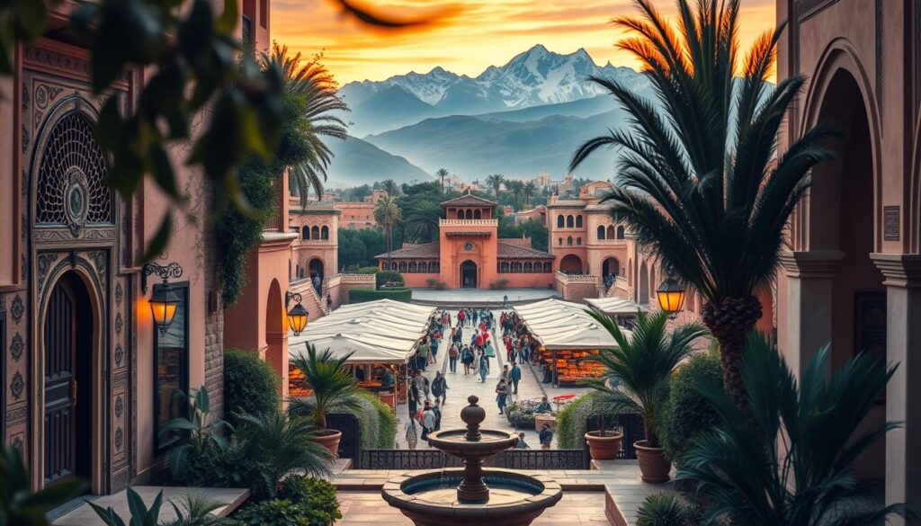 Opulent landscape of Spain and Morocco, captured in a vibrant, cinematic frame. In the foreground, a luxurious riad with intricate Moorish architecture, its ornate doors and windows inviting exploration. Trickling fountains and lush gardens surround the building, evoking a sense of tranquility. In the middle ground, a bustling marketplace teems with vibrant colors, the scent of spices and the sounds of haggling. In the background, the iconic silhouettes of the Atlas Mountains rise majestically, their snow-capped peaks bathed in warm, golden light. The scene is suffused with a dreamy, romantic atmosphere, evoking the allure of a MyVisitMorocco experience. Opulent landscape of Spain and Morocco, captured in a vibrant, cinematic frame. In the foreground, a luxurious riad with intricate Moorish architecture, its ornate doors and windows inviting exploration. Trickling fountains and lush gardens surround the building, evoking a sense of tranquility. In the middle ground, a bustling marketplace teems with vibrant colors, the scent of spices and the sounds of haggling. In the background, the iconic silhouettes of the Atlas Mountains rise majestically, their snow-capped peaks bathed in warm, golden light. The scene is suffused with a dreamy, romantic atmosphere, evoking the allure of a MyVisitMorocco experience.