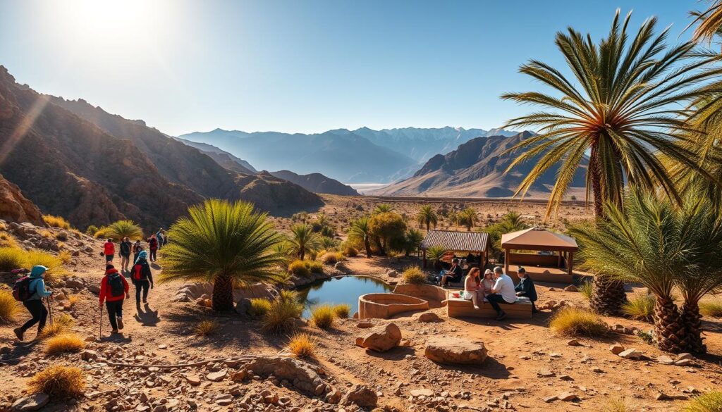 Outdoor activities Morocco October: A serene desert oasis under a warm autumn sun. In the foreground, a group of hikers exploring a rugged, sun-dappled mountain trail, their vibrant clothing contrasting against the earthy tones of the landscape. In the middle ground, a family picnicking beside a tranquil oasis, surrounded by swaying palm trees and the glistening waters of a natural pool. In the background, the majestic Atlas Mountains rise, their snow-capped peaks bathed in golden light. Crisp, clean MyVisitMorocco lens captures the invigorating atmosphere of this Moroccan autumn adventure.