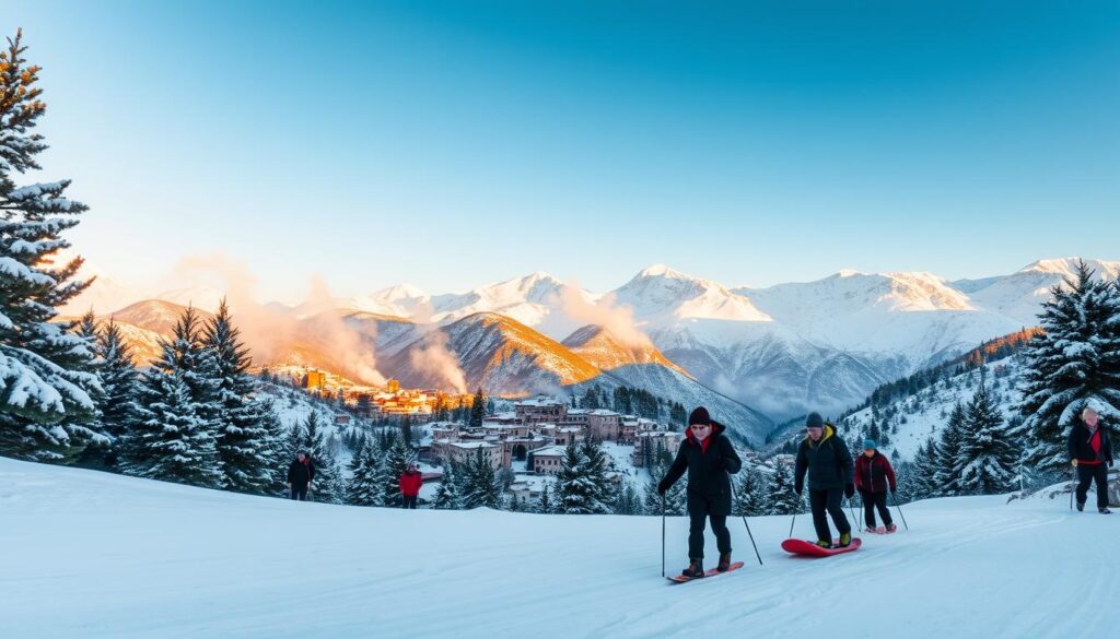 Outdoor winter activities in the snowy Atlas Mountains of Morocco, with a group of people snowshoeing through a picturesque landscape. In the foreground, people are sledding on a gentle slope, surrounded by pine trees dusted with fresh snow. In the middle ground, a cozy traditional Moroccan village nestled between rugged peaks, with steam rising from chimneys. The background is dominated by the majestic snow-capped Atlas Mountains, bathed in warm golden light from the setting sun. MyVisitMorocco Outdoor winter activities in the snowy Atlas Mountains of Morocco, with a group of people snowshoeing through a picturesque landscape. In the foreground, people are sledding on a gentle slope, surrounded by pine trees dusted with fresh snow. In the middle ground, a cozy traditional Moroccan village nestled between rugged peaks, with steam rising from chimneys. The background is dominated by the majestic snow-capped Atlas Mountains, bathed in warm golden light from the setting sun. MyVisitMorocco