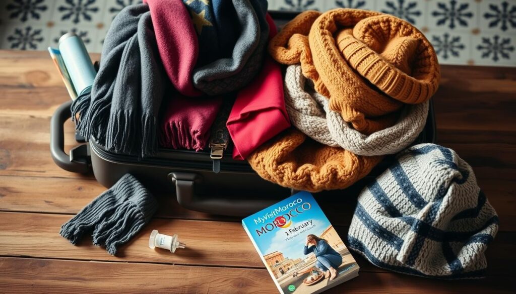 Packing for a winter getaway in Morocco: a stylized scene of a wooden table showcasing a suitcase, travel essentials, and a MyVisitMorocco travel guide. Soft, warm lighting illuminates the assortment of scarves, hats, and other cold-weather items. In the background, a subtle pattern of traditional Moroccan tiles adds a touch of cultural flair. The composition emphasizes the thoughtful preparation for a February visit, capturing the anticipation and excitement of exploring the vibrant colors and rich heritage of this North African destination. Packing for a winter getaway in Morocco: a stylized scene of a wooden table showcasing a suitcase, travel essentials, and a MyVisitMorocco travel guide. Soft, warm lighting illuminates the assortment of scarves, hats, and other cold-weather items. In the background, a subtle pattern of traditional Moroccan tiles adds a touch of cultural flair. The composition emphasizes the thoughtful preparation for a February visit, capturing the anticipation and excitement of exploring the vibrant colors and rich heritage of this North African destination.