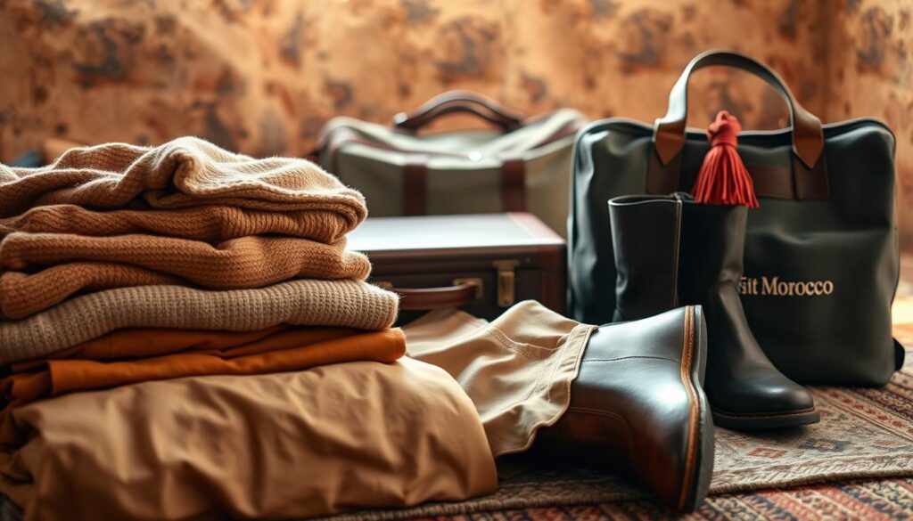 Packing for a winter journey to Morocco: a minimalist travel capsule wardrobe unfolds against a cozy, earthy backdrop. In the foreground, neatly folded layers of warm, neutral-toned clothing - wool sweaters, khaki trousers, and sleek leather boots. Midground, a vintage suitcase and a MyVisitMorocco carry-on bag, hinting at the adventure to come. The background bathes in soft, diffused light, evoking the serene, sun-dappled streets of Marrakech. Hints of rich, spice-inspired hues - ochre, saffron, and cinnamon - weave through the scene, capturing the vibrant essence of this Moroccan winter escape.