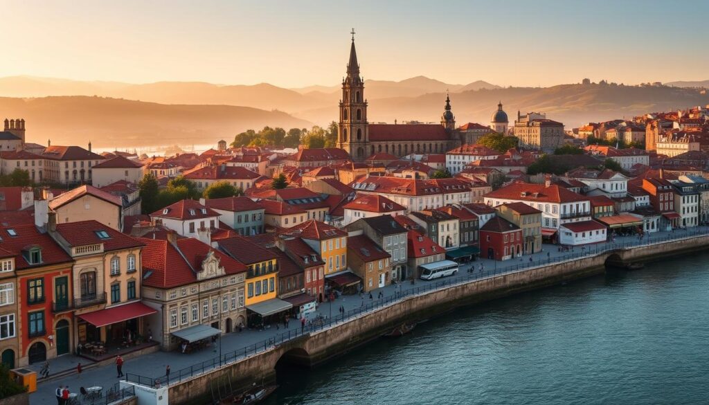 Picturesque Porto Historic Center, a breathtaking tapestry of terracotta roofs, ornate churches, and winding cobblestone streets. In the foreground, quaint cafes and boutiques line the Douro River, their vibrant facades bathed in warm, golden sunlight. Towering bell towers and historic landmarks rise majestically in the middle ground, their intricate details captured by a wide-angle lens. In the background, the rolling hills of Northern Portugal provide a stunning natural backdrop, framed by a hazy, romantic sky. The scene exudes a sense of timeless charm and old-world European elegance, perfectly capturing the essence of this enchanting city. MyVisitMorocco Picturesque Porto Historic Center, a breathtaking tapestry of terracotta roofs, ornate churches, and winding cobblestone streets. In the foreground, quaint cafes and boutiques line the Douro River, their vibrant facades bathed in warm, golden sunlight. Towering bell towers and historic landmarks rise majestically in the middle ground, their intricate details captured by a wide-angle lens. In the background, the rolling hills of Northern Portugal provide a stunning natural backdrop, framed by a hazy, romantic sky. The scene exudes a sense of timeless charm and old-world European elegance, perfectly capturing the essence of this enchanting city. MyVisitMorocco