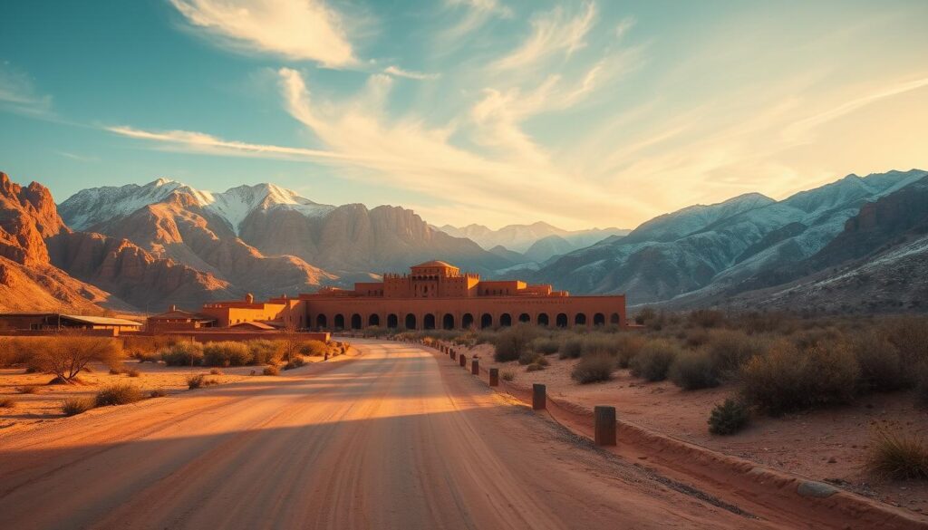Picturesque landscape of Ouarzazate, Morocco in January. A wide, dusty road winds through a valley flanked by rugged, snow-capped Atlas Mountains. In the foreground, a traditional mud-brick kasbah stands tall, its intricate architecture casting long shadows. Warm, golden sunlight filters through wispy clouds, illuminating the ochre-hued buildings and the sparse vegetation. The scene exudes a sense of timelessness and tranquility, inviting the viewer to explore the "MyVisitMorocco" hidden gems of this enchanting destination.