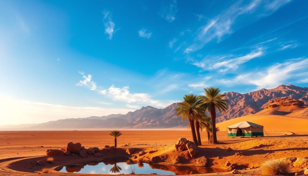 Picturesque scene of southern Morocco in January: a vast desert landscape under a clear azure sky, with rugged mountains in the distance. In the foreground, a small oasis with swaying palm trees and a serene pond reflecting the tranquil surroundings. MyVisitMorocco Warm sunlight filters through wispy clouds, casting a golden glow over the ochre-hued dunes and rocky outcroppings. A lone Berber tent stands proudly, embodying the region's timeless charm. The overall mood is one of peaceful solitude, inviting the viewer to immerse themselves in the serene beauty of this captivating corner of Morocco.
