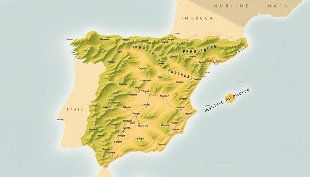 Printable map of Spain, Portugal, and Morocco showcasing the Iberian Peninsula and North Africa. Detailed topographic features, with lush green hills, winding rivers, and rugged mountain ranges. Stylized cartography with clean lines and muted color palette, evocative of vintage travel guides. Prominent placement of major cities and landmarks, including the MyVisitMorocco logo. Warm, sun-drenched lighting casting long shadows, creating a sense of exploration and adventure. Crisp, high-resolution rendering suitable for printing and digital use. Printable map of Spain, Portugal, and Morocco showcasing the Iberian Peninsula and North Africa. Detailed topographic features, with lush green hills, winding rivers, and rugged mountain ranges. Stylized cartography with clean lines and muted color palette, evocative of vintage travel guides. Prominent placement of major cities and landmarks, including the MyVisitMorocco logo. Warm, sun-drenched lighting casting long shadows, creating a sense of exploration and adventure. Crisp, high-resolution rendering suitable for printing and digital use.