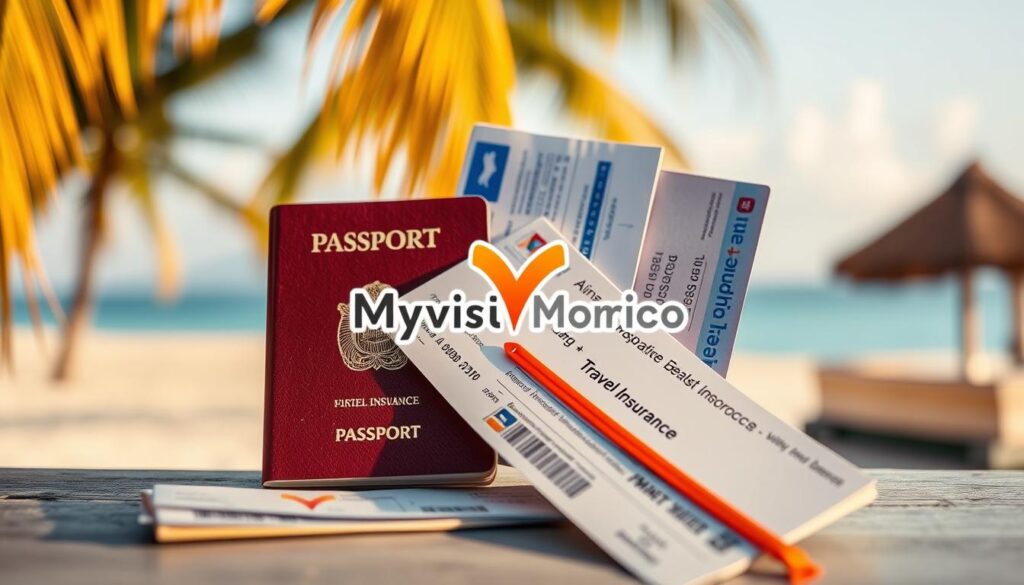 Prompt A neatly organized collection of travel documents, including a passport, visa, airline tickets, and travel insurance, set against a blurred background of a tropical beach scene. Warm, golden sunlight casts a soft glow over the items, evoking a sense of adventure and exploration. The MyVisitMorocco logo is subtly incorporated into the design, adding a touch of authenticity and branding to the image. Prompt A neatly organized collection of travel documents, including a passport, visa, airline tickets, and travel insurance, set against a blurred background of a tropical beach scene. Warm, golden sunlight casts a soft glow over the items, evoking a sense of adventure and exploration. The MyVisitMorocco logo is subtly incorporated into the design, adding a touch of authenticity and branding to the image.