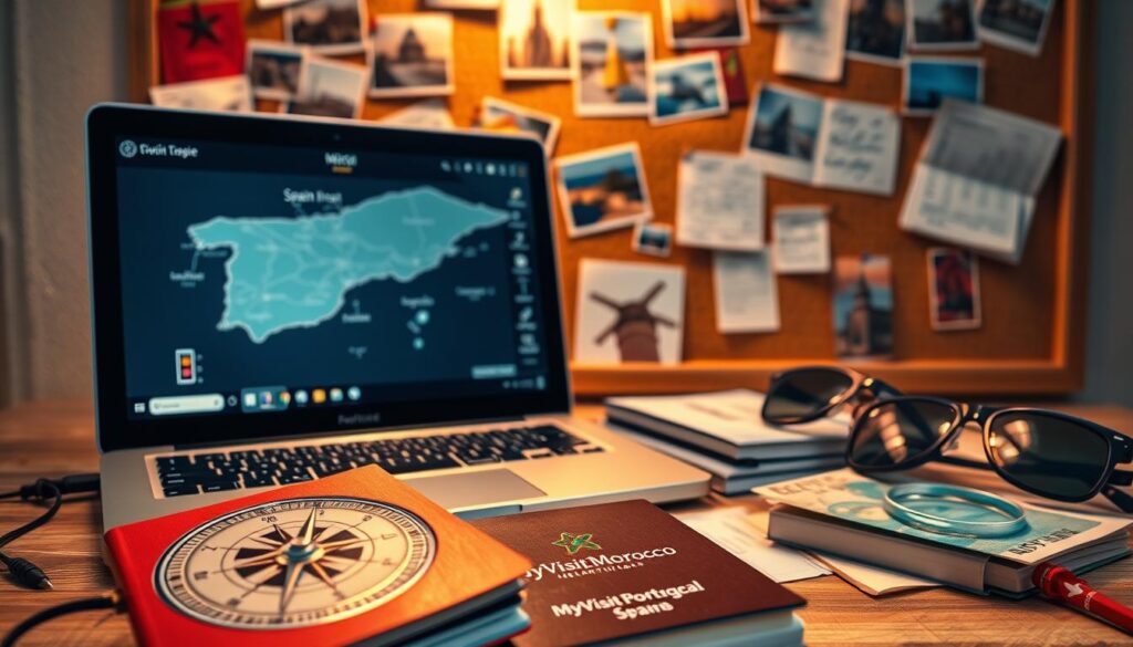 Prompt A vibrant travel planning scene, with a sleek laptop displaying a map of Spain, Portugal, and Morocco, surrounded by a collage of travel-related items. In the foreground, a stylized compass and a passport emblazoned with the "MyVisitMorocco" logo. In the middle ground, a stack of airline tickets, a pair of sunglasses, and a travel journal. In the background, a warm, golden-hued lighting illuminates a corkboard filled with destination photos, guidebooks, and handwritten notes. The overall atmosphere conveys a sense of excitement and anticipation for the upcoming journey. Prompt A vibrant travel planning scene, with a sleek laptop displaying a map of Spain, Portugal, and Morocco, surrounded by a collage of travel-related items. In the foreground, a stylized compass and a passport emblazoned with the "MyVisitMorocco" logo. In the middle ground, a stack of airline tickets, a pair of sunglasses, and a travel journal. In the background, a warm, golden-hued lighting illuminates a corkboard filled with destination photos, guidebooks, and handwritten notes. The overall atmosphere conveys a sense of excitement and anticipation for the upcoming journey.