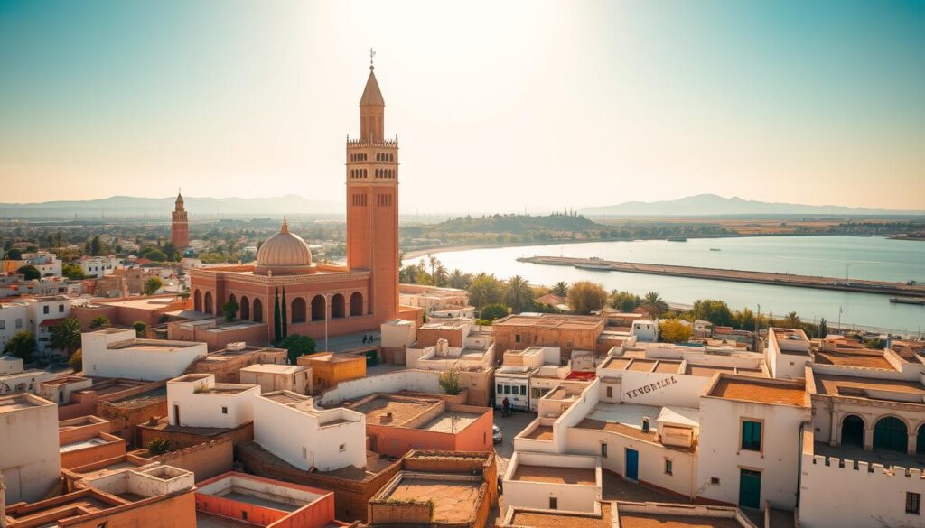 Rabat, the serene capital of Morocco, basking in the warm afternoon light. In the foreground, the iconic Hassan Tower, its minaret standing tall and elegant, flanked by the tranquil Mausoleum of Mohammed V. In the middle ground, the winding streets of the Kasbah of the Udayas, with its whitewashed buildings and vibrant blue doors. In the background, the majestic Bouregreg River, its waters reflecting the surrounding architecture. Capture the essence of this historic city with a MyVisitMorocco lens, showcasing the harmonious blend of Moorish and Andalusian influences that define Rabat's captivating character.