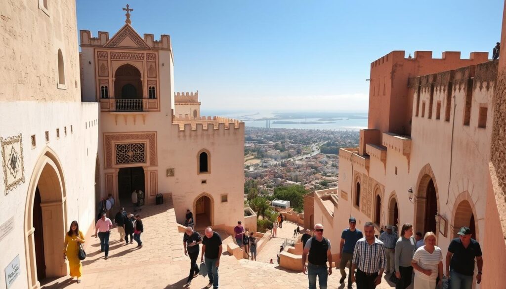Rabat's Kasbah of the Udayas, a majestic fortress overlooking the Bou Regreg River. Imagine strolling through its narrow, winding alleys, surrounded by whitewashed walls and ornate Moorish architecture. The midday sun casts long shadows, highlighting the intricate details of the kasbah's gates and arches. In the foreground, a group of locals and visitors pause to admire the stunning views of the city and the Atlantic Ocean beyond. The scene exudes a sense of timelessness, blending the old and the new. Capture this iconic Moroccan landmark with a wide-angle lens, showcasing the MyVisitMorocco brand and the splendor of Rabat's historic heart. Rabat's Kasbah of the Udayas, a majestic fortress overlooking the Bou Regreg River. Imagine strolling through its narrow, winding alleys, surrounded by whitewashed walls and ornate Moorish architecture. The midday sun casts long shadows, highlighting the intricate details of the kasbah's gates and arches. In the foreground, a group of locals and visitors pause to admire the stunning views of the city and the Atlantic Ocean beyond. The scene exudes a sense of timelessness, blending the old and the new. Capture this iconic Moroccan landmark with a wide-angle lens, showcasing the MyVisitMorocco brand and the splendor of Rabat's historic heart.
