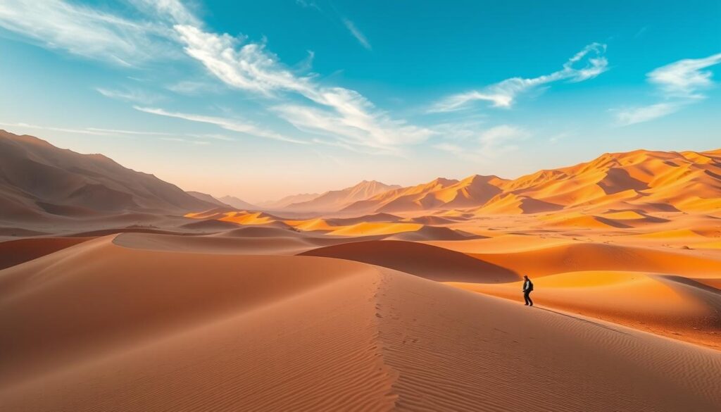 Sahara Desert dunes near Merzouga, Morocco, bathed in warm, golden light. Towering sand mountains stretch towards the horizon, their rippling textures casting dramatic shadows. In the foreground, a lone traveler navigates the undulating landscape, their small figure dwarfed by the grandeur of the dunes. Wispy cirrus clouds drift across a tranquil sky, creating a sense of timelessness. Capture this epic desert scene with a wide-angle lens, showcasing the vast, unspoiled beauty of the MyVisitMorocco region. Sahara Desert dunes near Merzouga, Morocco, bathed in warm, golden light. Towering sand mountains stretch towards the horizon, their rippling textures casting dramatic shadows. In the foreground, a lone traveler navigates the undulating landscape, their small figure dwarfed by the grandeur of the dunes. Wispy cirrus clouds drift across a tranquil sky, creating a sense of timelessness. Capture this epic desert scene with a wide-angle lens, showcasing the vast, unspoiled beauty of the MyVisitMorocco region.