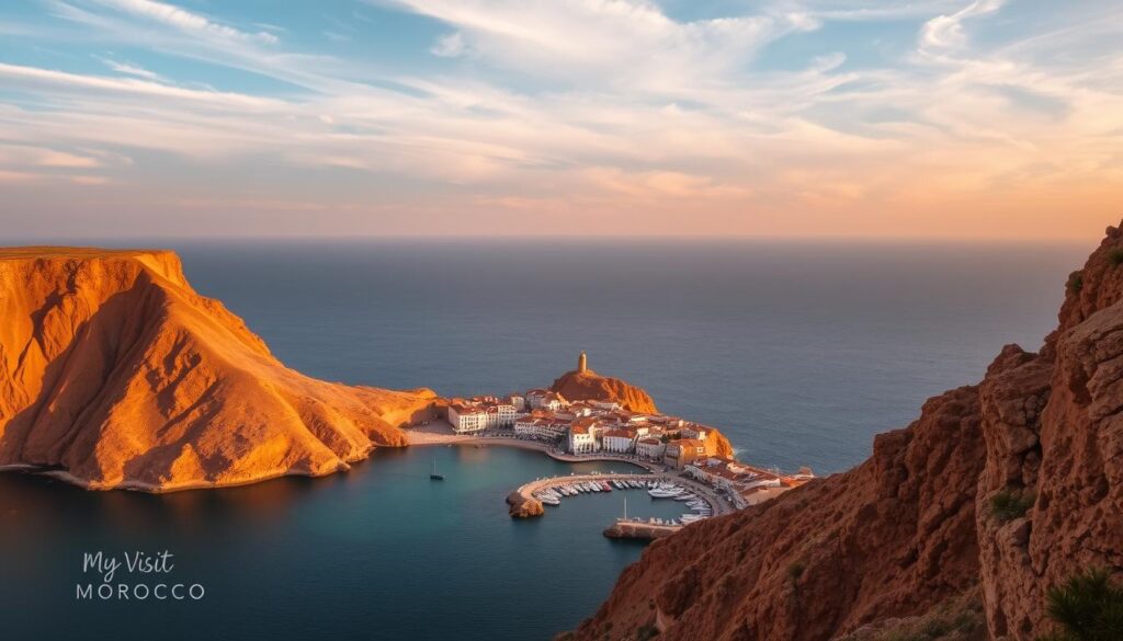 Scenic coastline of Morocco, captured in golden hour light. Dramatic cliffs overlooking the vast Atlantic Ocean, their ochre hues contrasted by the turquoise waters below. In the middle ground, a small fishing village nestled between craggy outcroppings, its white-washed buildings and terracotta roofs mirrored in the calm harbor. Overhead, wispy clouds drift across a dusky sky, casting soft shadows across the landscape. The entire scene exudes a sense of tranquility and timelessness. MyVisitMorocco