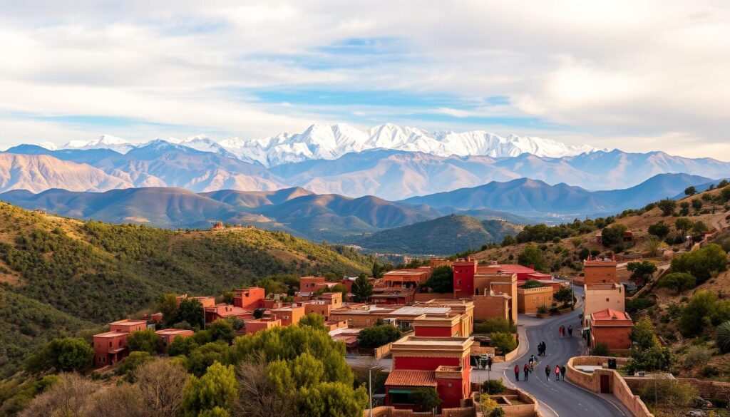 Scenic landscape of Morocco in January, with a vibrant mix of colors and textures. A majestic Atlas Mountains range in the background, their snow-capped peaks glimmering under the soft, diffused winter sunlight. In the middle ground, rolling hills and valleys blanketed in lush, verdant foliage, dotted with traditional Moroccan architecture in earthy tones. In the foreground, a winding road leading through a quaint, picturesque village, its charming streets bustling with local life. MyVisitMorocco Scenic landscape of Morocco in January, with a vibrant mix of colors and textures. A majestic Atlas Mountains range in the background, their snow-capped peaks glimmering under the soft, diffused winter sunlight. In the middle ground, rolling hills and valleys blanketed in lush, verdant foliage, dotted with traditional Moroccan architecture in earthy tones. In the foreground, a winding road leading through a quaint, picturesque village, its charming streets bustling with local life. MyVisitMorocco