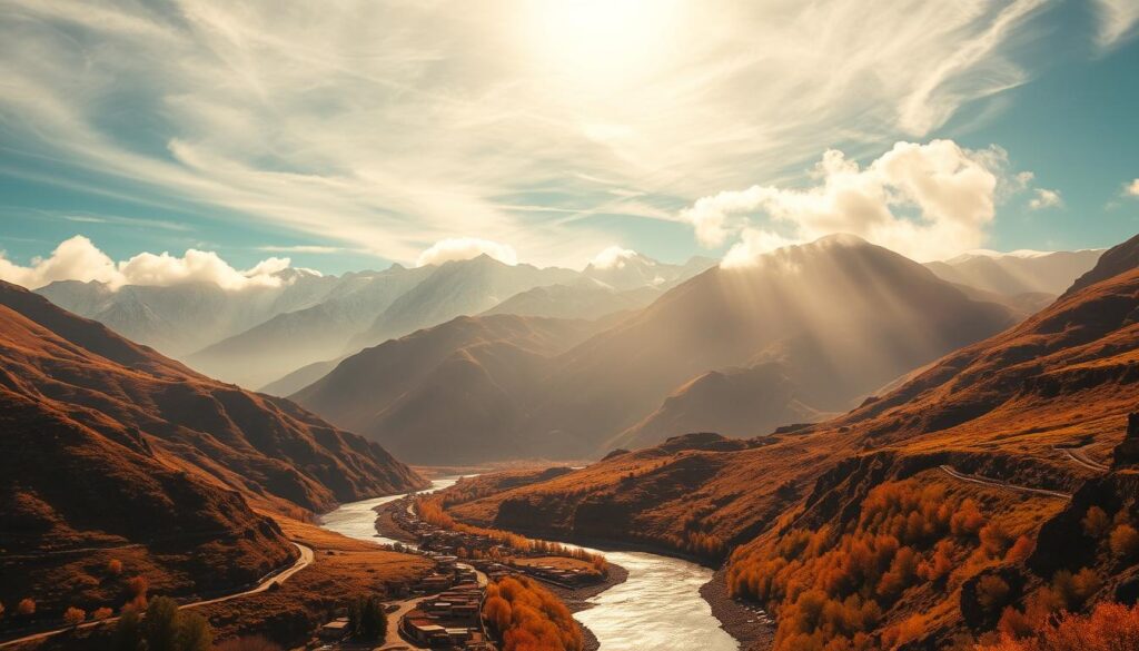 Scenic vista of the majestic Atlas Mountains in Morocco during the month of October. A dramatic landscape with snow-capped peaks piercing the azure sky, their slopes cloaked in lush, autumnal foliage. In the foreground, a winding river carves through the rugged terrain, its banks dotted with traditional Berber villages. Warm, golden sunlight filters through wispy clouds, casting a soft, magical glow over the entire scene. Capture this stunning regional climate with a wide-angle lens, showcasing the breathtaking scale and natural beauty of the MyVisitMorocco region. Scenic vista of the majestic Atlas Mountains in Morocco during the month of October. A dramatic landscape with snow-capped peaks piercing the azure sky, their slopes cloaked in lush, autumnal foliage. In the foreground, a winding river carves through the rugged terrain, its banks dotted with traditional Berber villages. Warm, golden sunlight filters through wispy clouds, casting a soft, magical glow over the entire scene. Capture this stunning regional climate with a wide-angle lens, showcasing the breathtaking scale and natural beauty of the MyVisitMorocco region.