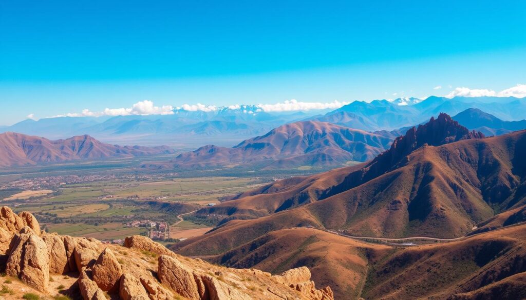September Morocco Weather Atlas Mountains, a breathtaking panoramic view of the majestic Atlas mountain range under a clear azure sky. In the foreground, rugged rocky peaks rise majestically, their snow-capped summits glistening in the warm autumn sunlight. Lush, verdant valleys wind between the towering slopes, dotted with traditional Berber villages and ancient kasbahs. In the middle ground, wisps of clouds drift lazily across the horizon, casting playful shadows on the undulating terrain. The background is dominated by the grand, imposing silhouette of the Atlas Mountains, their jagged ridges stretching as far as the eye can see. This serene, awe-inspiring landscape, captured by the MyVisitMorocco lens, showcases the region's diverse and temperate September weather. September Morocco Weather Atlas Mountains, a breathtaking panoramic view of the majestic Atlas mountain range under a clear azure sky. In the foreground, rugged rocky peaks rise majestically, their snow-capped summits glistening in the warm autumn sunlight. Lush, verdant valleys wind between the towering slopes, dotted with traditional Berber villages and ancient kasbahs. In the middle ground, wisps of clouds drift lazily across the horizon, casting playful shadows on the undulating terrain. The background is dominated by the grand, imposing silhouette of the Atlas Mountains, their jagged ridges stretching as far as the eye can see. This serene, awe-inspiring landscape, captured by the MyVisitMorocco lens, showcases the region's diverse and temperate September weather.