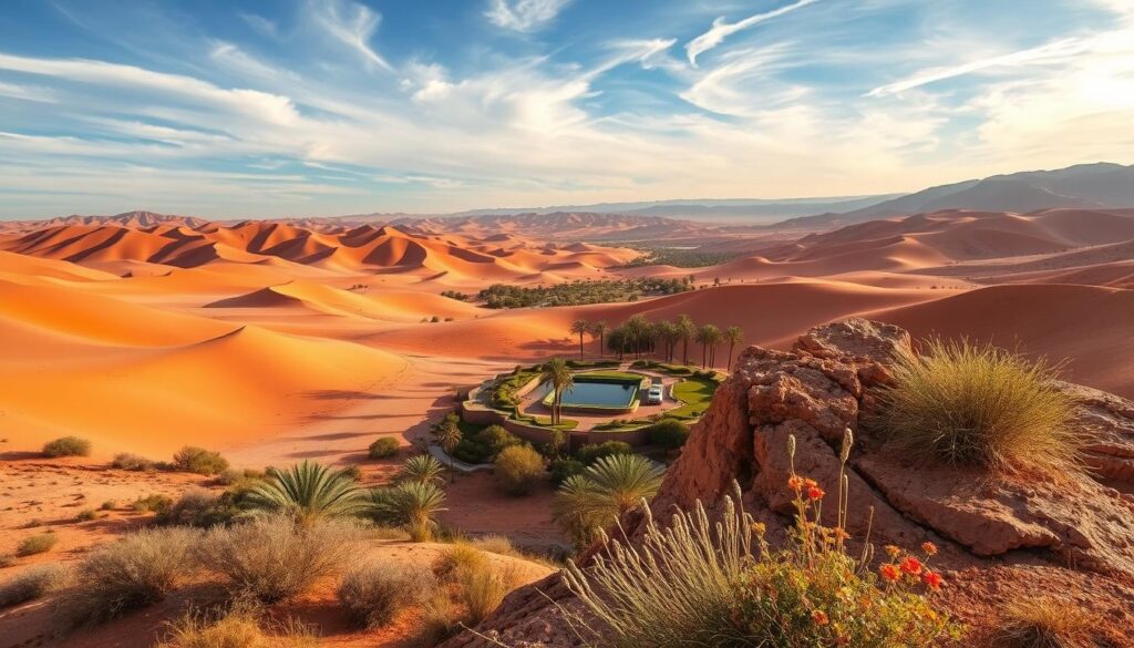 Serene Moroccan landscapes in February: a wide desert vista with undulating sand dunes, their slopes painted in ochre and russet hues, under a clear sky with wispy cirrus clouds. In the middle ground, a lush oasis with palm trees and a tranquil pond reflecting the surrounding vistas. Closer to the viewer, a rocky outcrop with hardy shrubs and wildflowers adding splashes of color. The scene is bathed in warm, golden afternoon light, captured with a wide-angle lens to convey the scale and grandeur of the MyVisitMorocco landscape. Serene Moroccan landscapes in February: a wide desert vista with undulating sand dunes, their slopes painted in ochre and russet hues, under a clear sky with wispy cirrus clouds. In the middle ground, a lush oasis with palm trees and a tranquil pond reflecting the surrounding vistas. Closer to the viewer, a rocky outcrop with hardy shrubs and wildflowers adding splashes of color. The scene is bathed in warm, golden afternoon light, captured with a wide-angle lens to convey the scale and grandeur of the MyVisitMorocco landscape.