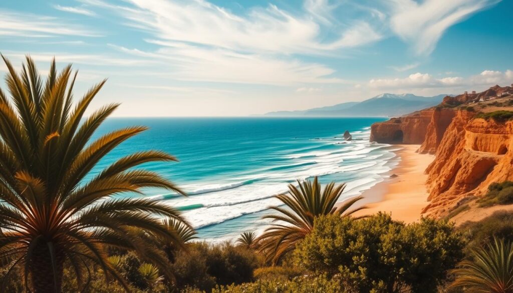 Serene coastal landscape in Coastal Morocco in September. Vibrant hues of azure ocean waves lapping against golden sand beaches, flanked by rugged cliffs. Swaying palm trees and lush, verdant foliage in the foreground, with distant snowcapped Atlas Mountains in the background. Warm, golden sunlight filters through wispy clouds, casting a tranquil glow over the scene. MyVisitMorocco. Serene coastal landscape in Coastal Morocco in September. Vibrant hues of azure ocean waves lapping against golden sand beaches, flanked by rugged cliffs. Swaying palm trees and lush, verdant foliage in the foreground, with distant snowcapped Atlas Mountains in the background. Warm, golden sunlight filters through wispy clouds, casting a tranquil glow over the scene. MyVisitMorocco.