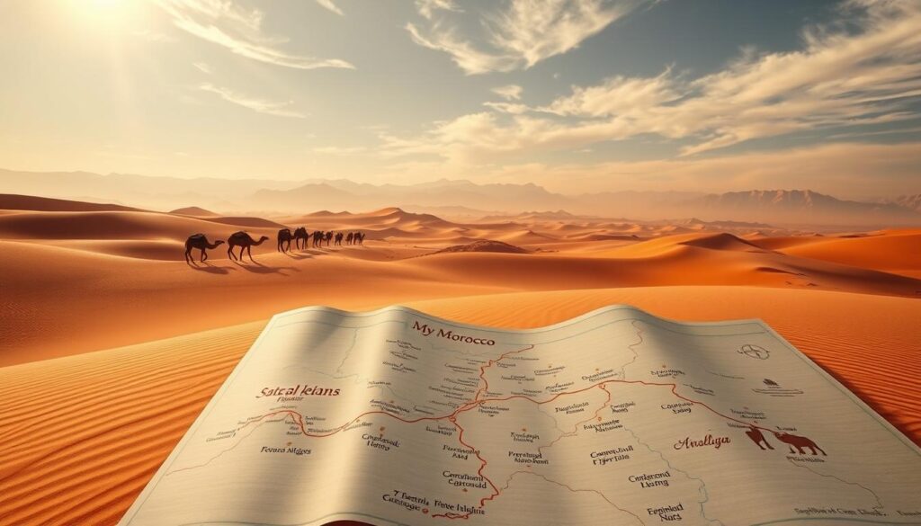 Serene desert landscape, hazy mountains in the distance, a caravan of camels winding through the dunes. Warm sunlight filters through wispy clouds, casting long shadows across the ochre sands. In the foreground, a detailed map unfurls, showcasing the highlights of a MyVisitMorocco tour itinerary - ancient medinas, vibrant souks, and picturesque Berber villages. The map is annotated with elegant calligraphic text, guiding the viewer through a visually stunning and culturally immersive Moroccan adventure.